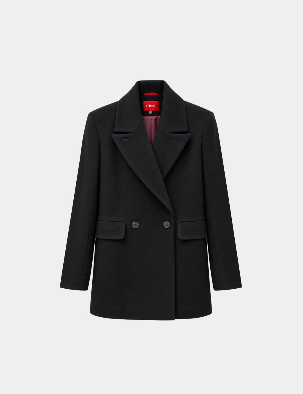Double-breasted fitted coat with accentuated shoulders in black