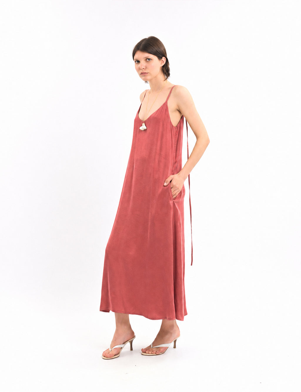 Minimalist cornflower blue cupro dress with thin straps