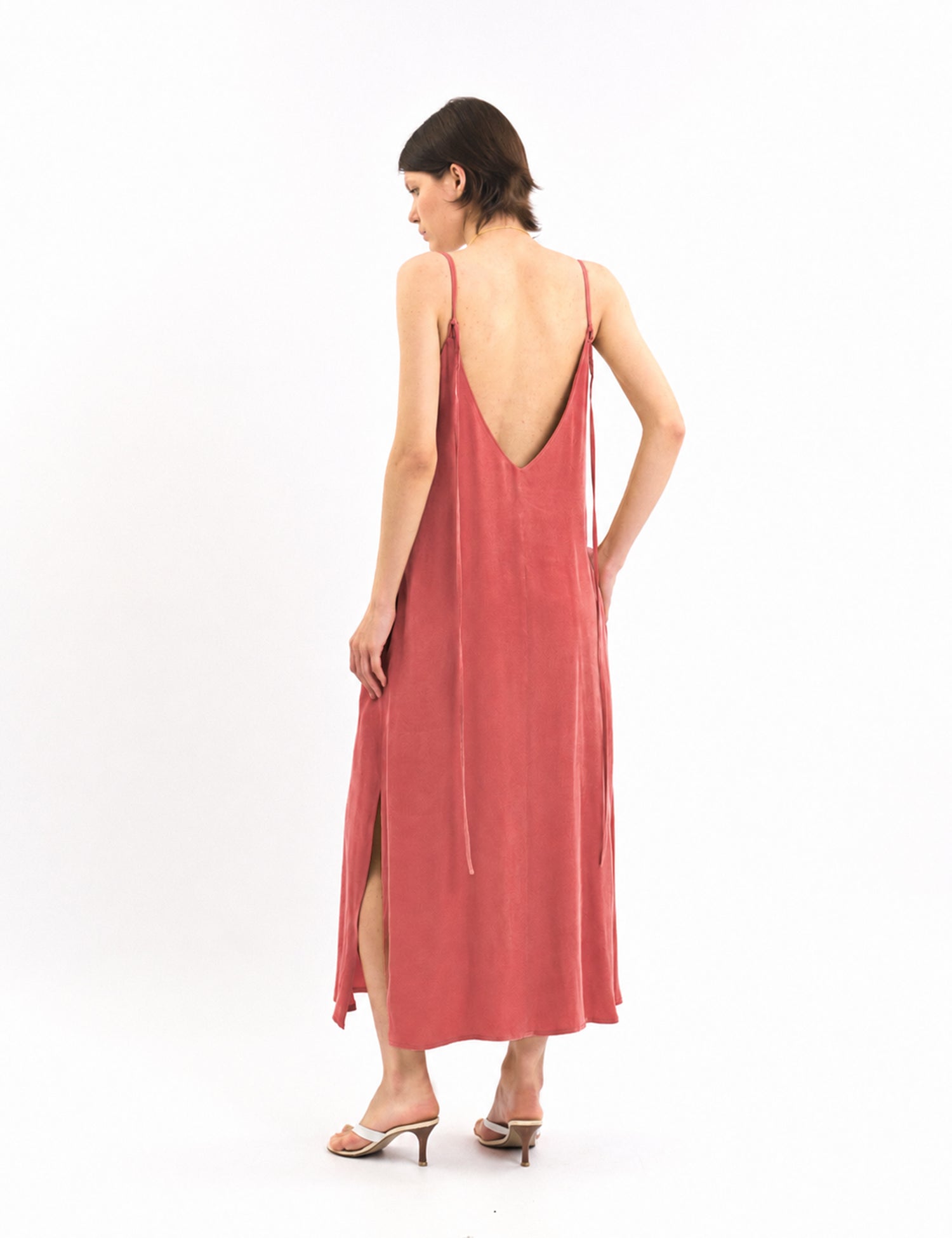 Minimalist cornflower blue cupro dress with thin straps