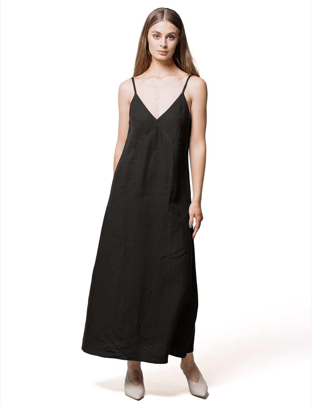 Minimalist black cupro slip dress