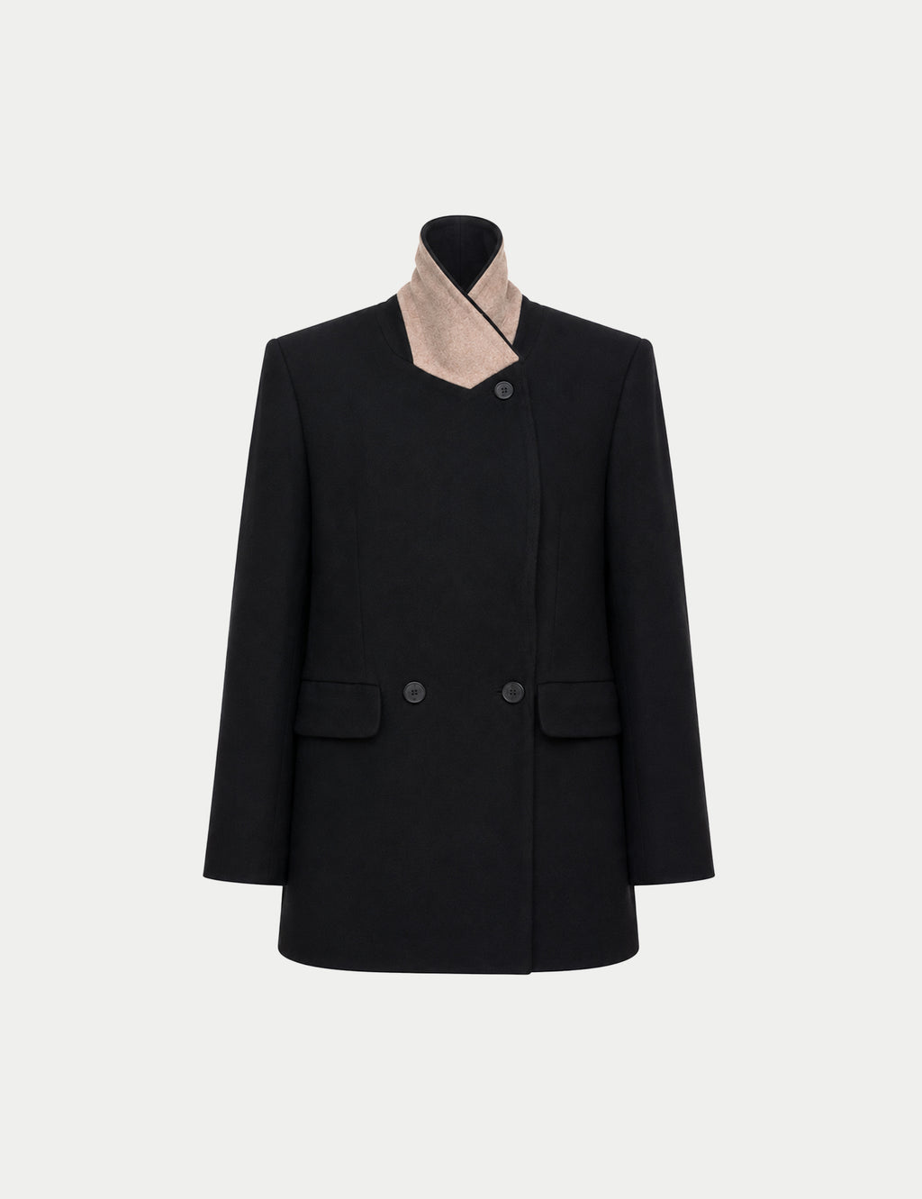 Double-breasted fitted coat with accentuated shoulders in black
