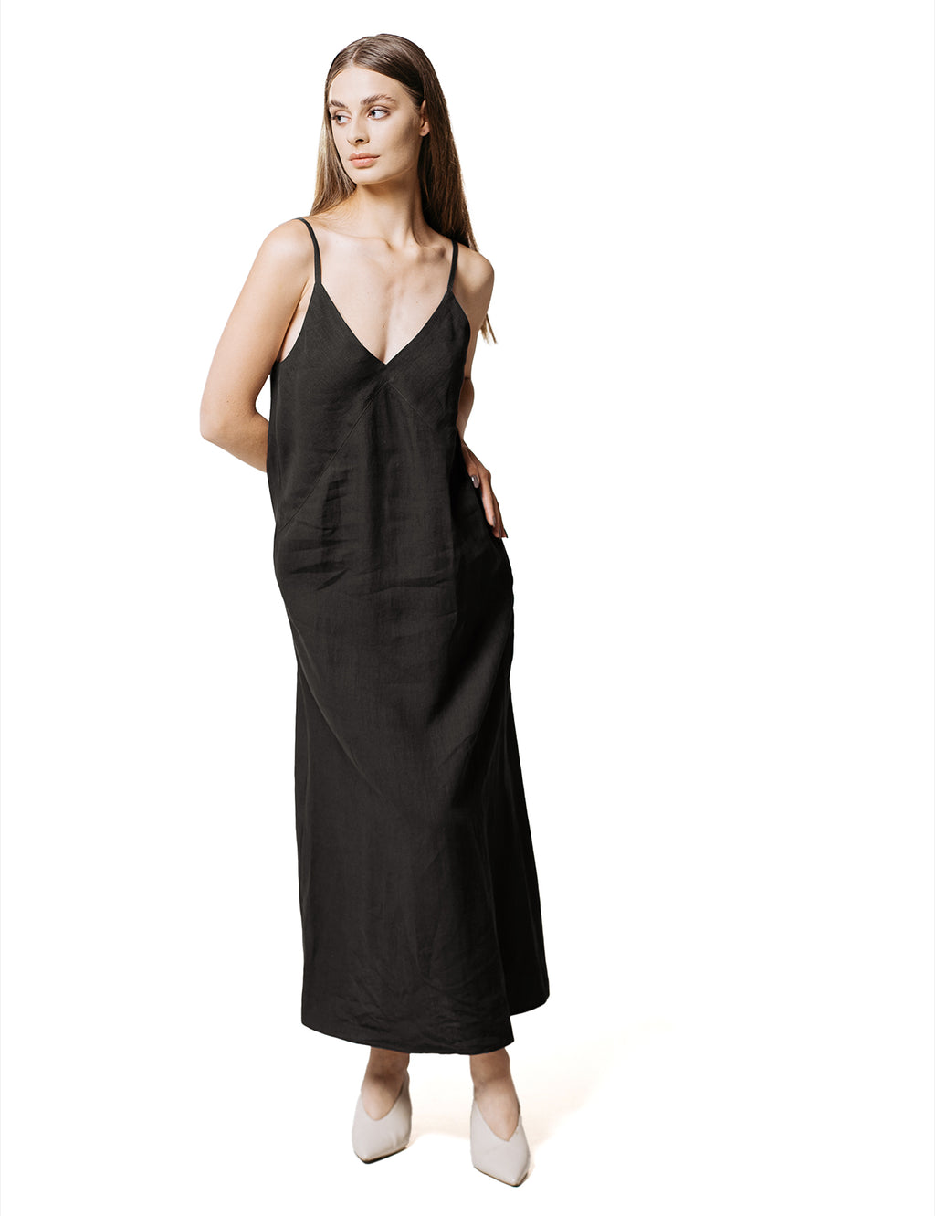 Minimalist black cupro slip dress