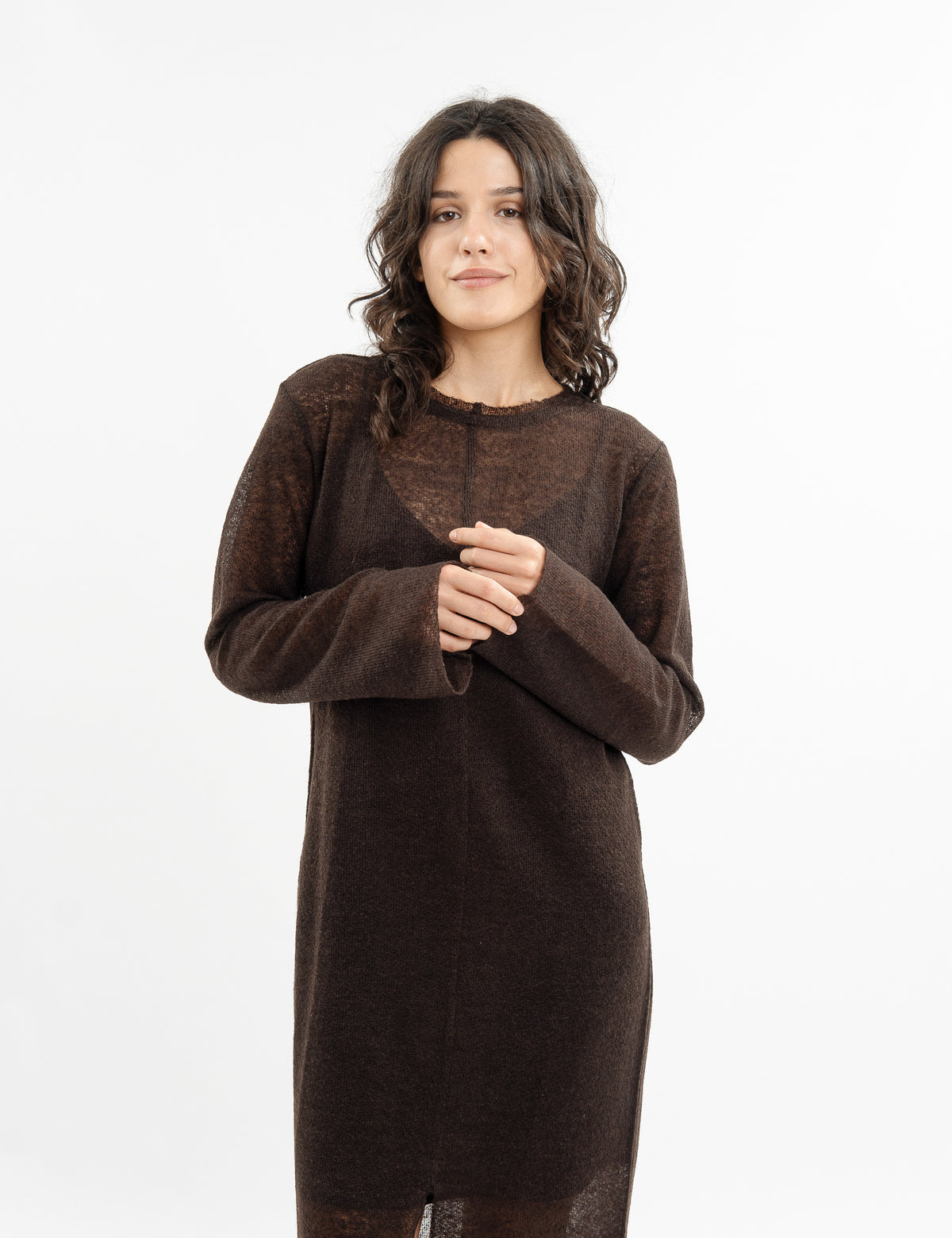 Sheer wool long-sleeve top with extra-long sleeves in green