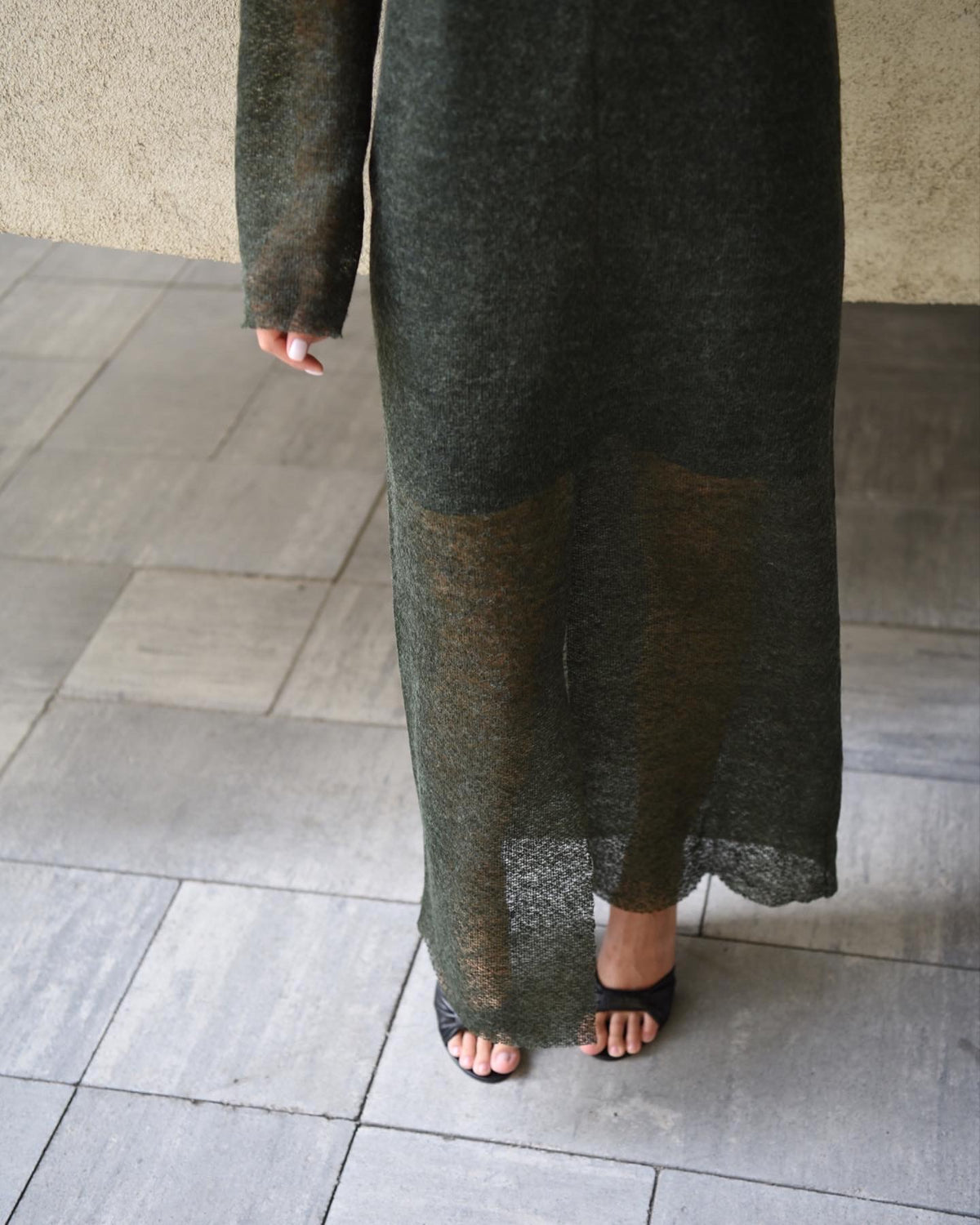 Sheer wool long-sleeve top with extra-long sleeves in green