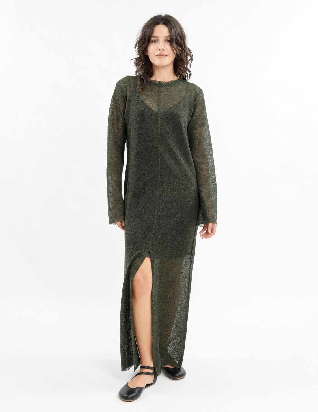 Sheer wool long-sleeve top with extra-long sleeves in green